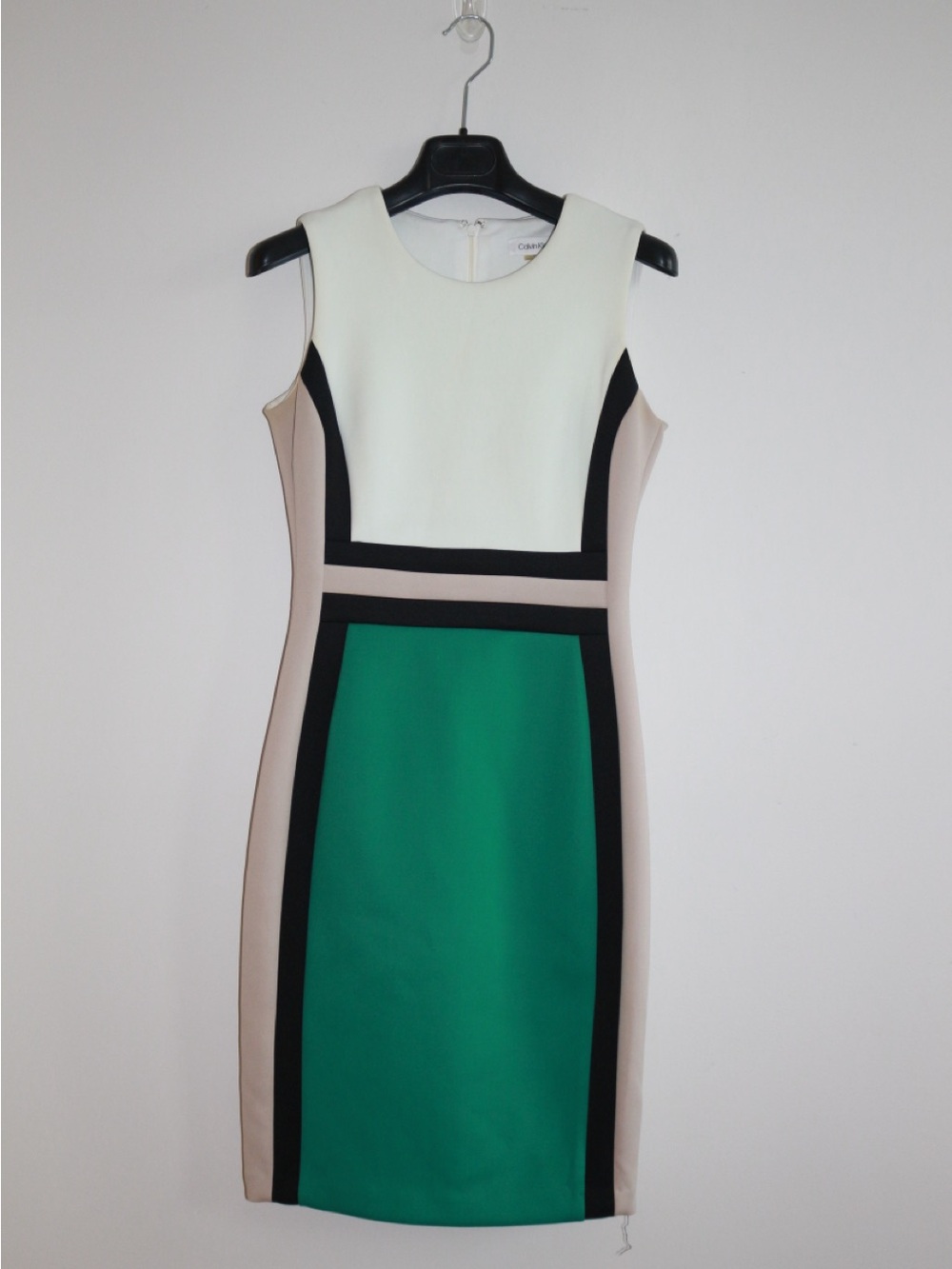 Calvin Klein Green, Cream & Black Colorblock Midi Sheath Dress
